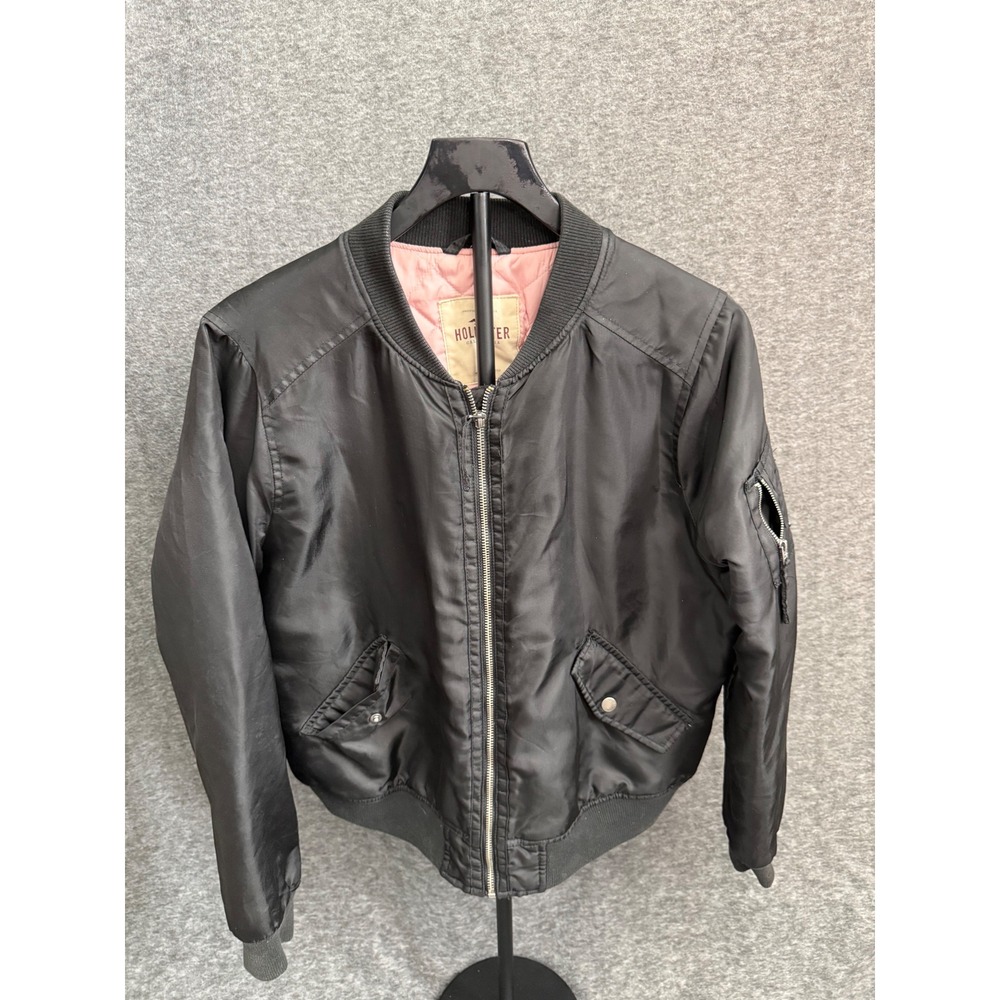 Hollister Black Bomber Jacket Pink Quilted Lining Full Zip Flight Coat XL